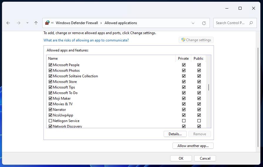 Paramètres d'application autorisés du pare-feu Windows Defender