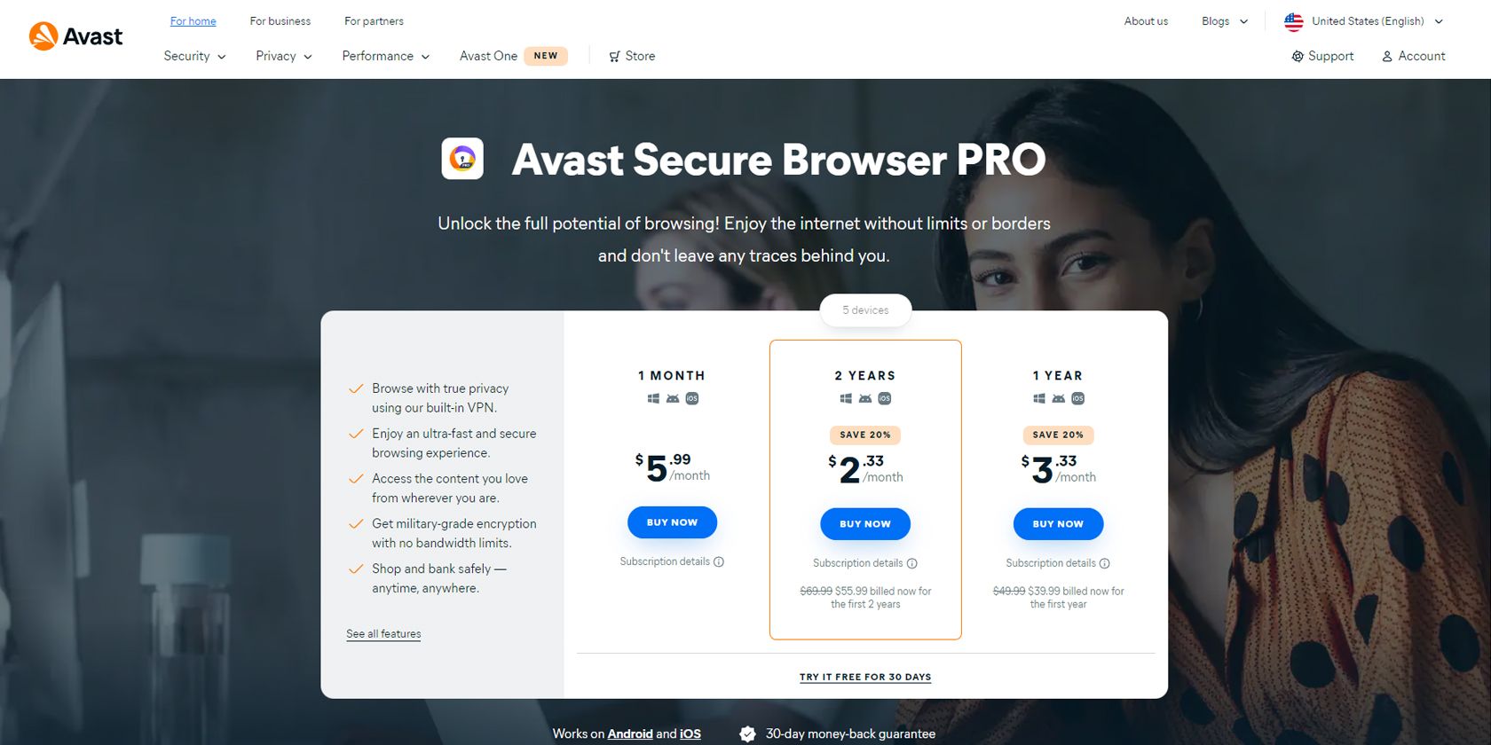 Page d'accueil d'Avast Secure Browser PRO