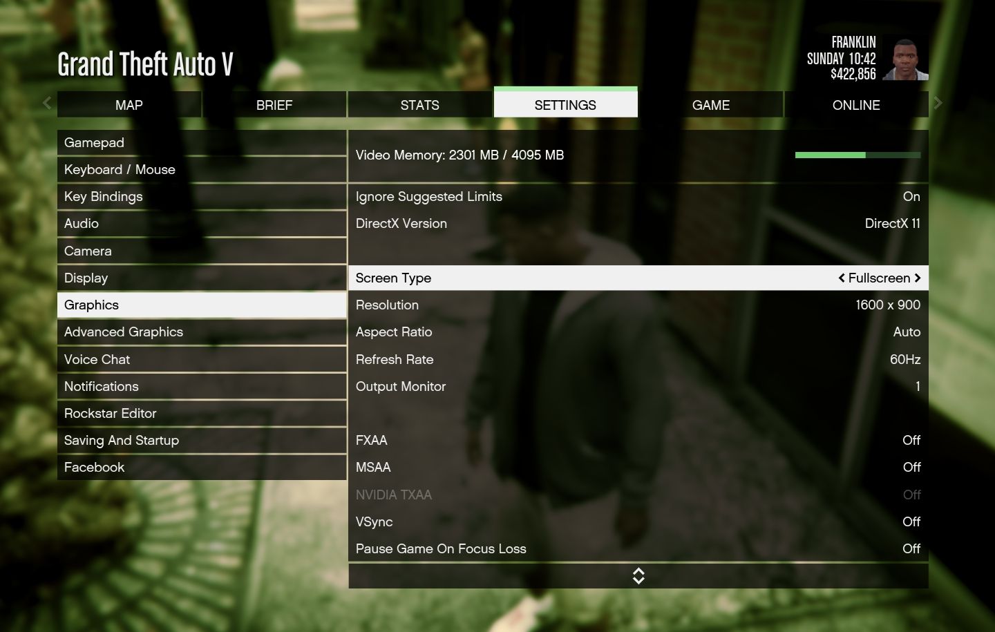 Menu des paramètres de GTA 5