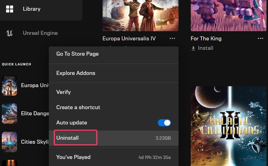 Option de désinstallation d'Epic Game Launcher 