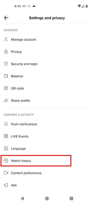 Menu des paramètres de l'historique de la montre Tiktok