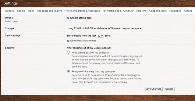 activer l'option de messagerie hors ligne dans les paramètres de gmail