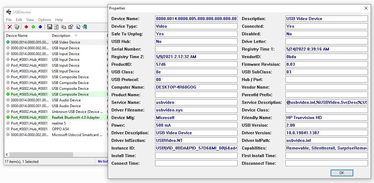 Vérification de la puissance de sortie du port USB dans USBDeview Tool