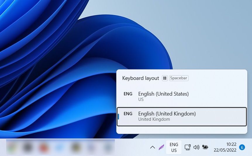 le sélecteur de langue dans windows 11 avec l'anglais du royaume-uni sélectionné