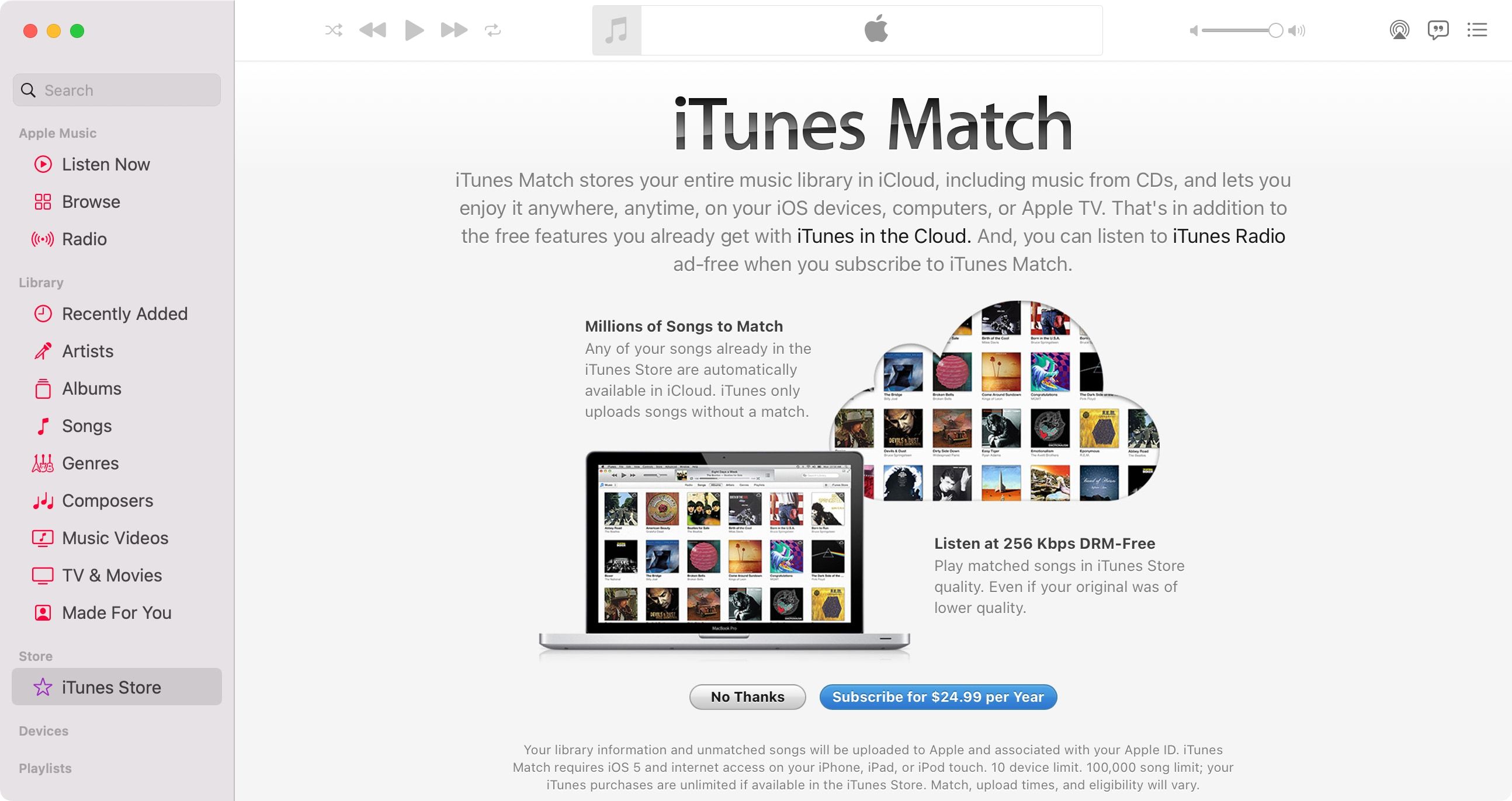 Une capture d'écran affichant l'écran de démarrage d'iTunes Match dans l'application Musique d'Apple sur macOS Big Sur