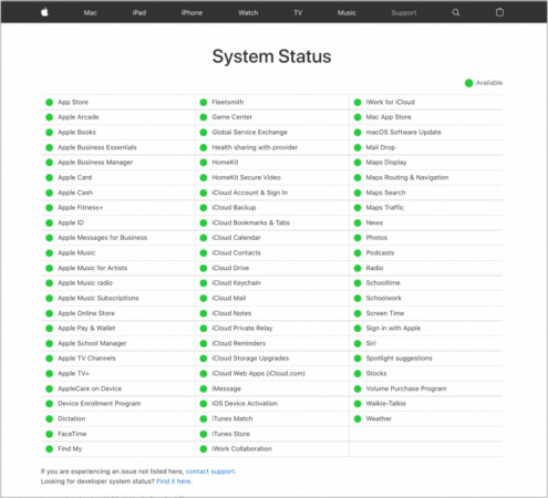 Apple prend en charge la page d'état du système