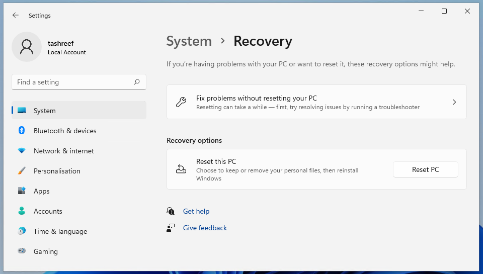 récupération du système réinitialiser ce pc