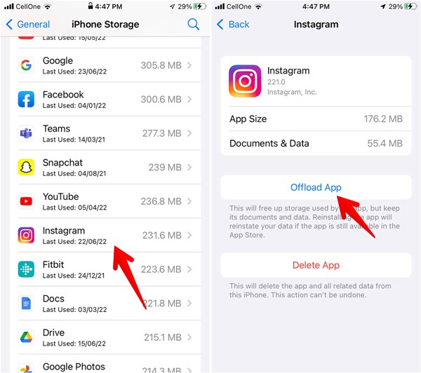 Déchargement de l'iPhone de l'application Instagram