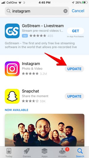 Mise à jour de l'application Instagram Iphone