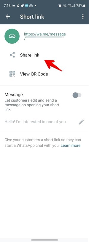 Partager le lien court Whatsapp Business