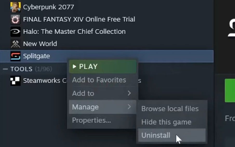 Option de désinstallation du jeu Steam