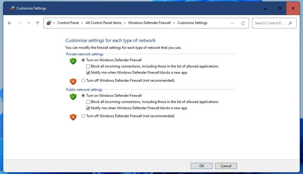 L'option Désactiver le pare-feu Windows Defender