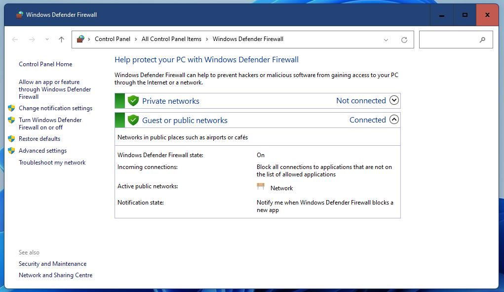 L'applet du pare-feu Windows Defender