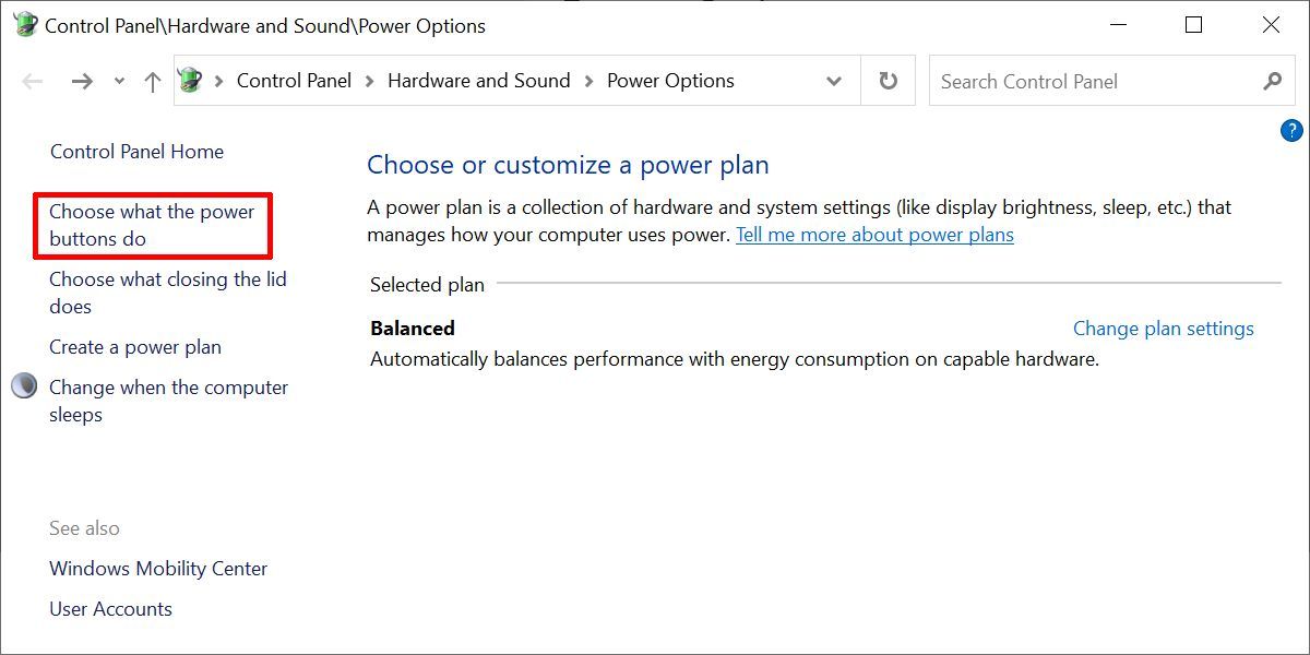 Plan d'alimentation des options d'alimentation du panneau de configuration de Windows 10