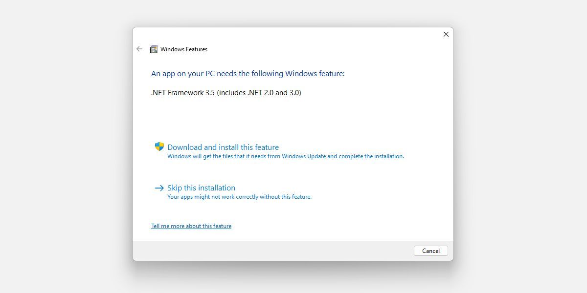 Installation des fonctionnalités Windows NET Framework