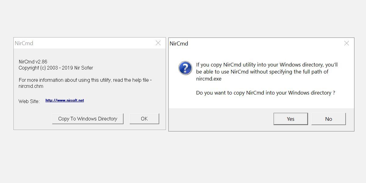 NirCmd avec bouton de copie dans le répertoire Windows et confirmation