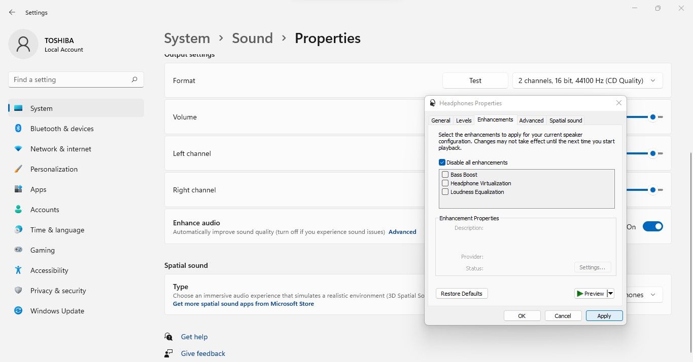  Désactivation des améliorations audio à partir de la fenêtre Propriétés du casque dans Windows 11