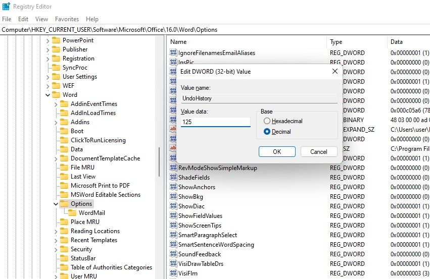 modification du paramètre de registre d'annulation de l'historique