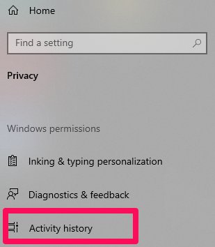 Historique d'activité des paramètres Windows