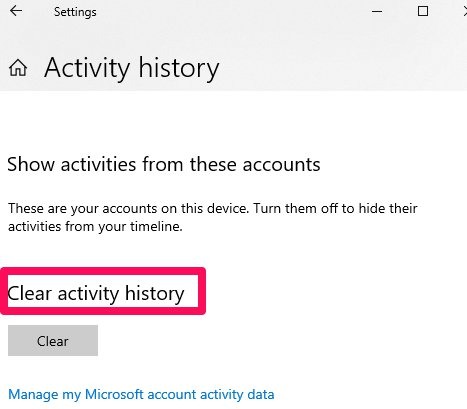 Paramètres Windows Effacer l'historique des activités