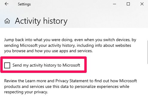 Paramètres Windows Envoyer mon historique d'activité à Microsoft 1