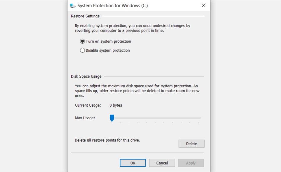 Activer la protection du système dans la configuration du système