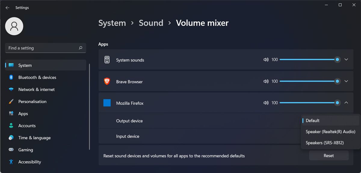 Paramètres du mélangeur de volume dans Windows 11