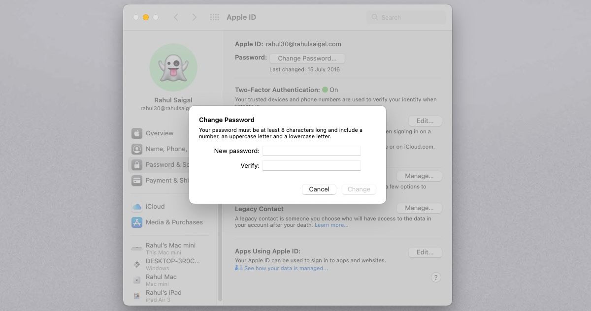 tapez le nouveau mot de passe et cliquez sur changer macOS