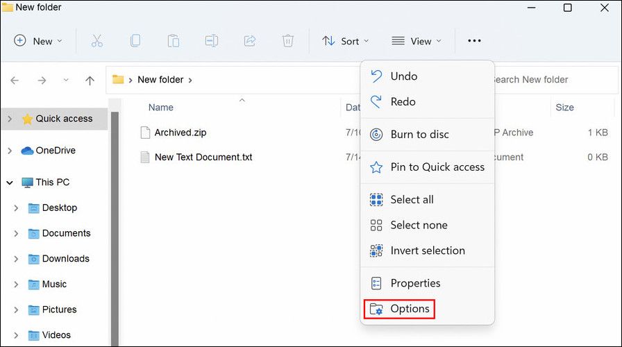 Options dans l'explorateur de fichiers