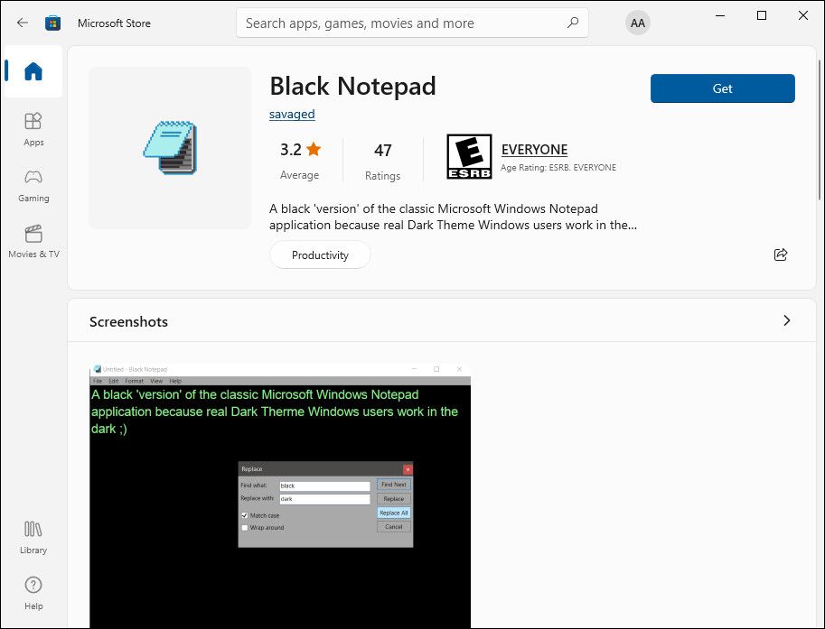 Bloc-notes noir dans Microsoft Store