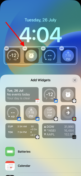 appuyez sur le signe moins pour supprimer le widget de l'écran de verrouillage ios 16