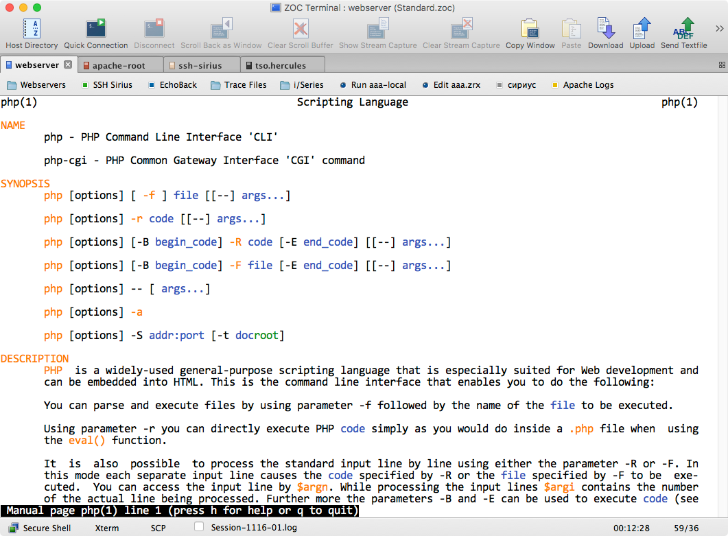 Fenêtre principale du terminal ZOC sur Mac avec des onglets à code couleur visibles