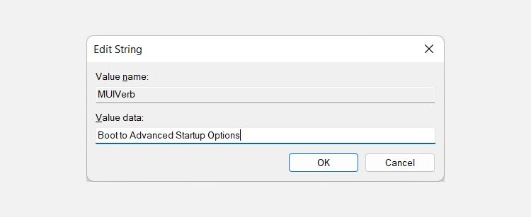 ajout du texte de démarrage aux options de démarrage avancées dans la zone de texte des données de la valeur de la chaîne muiverb dans l'éditeur de registre Windows