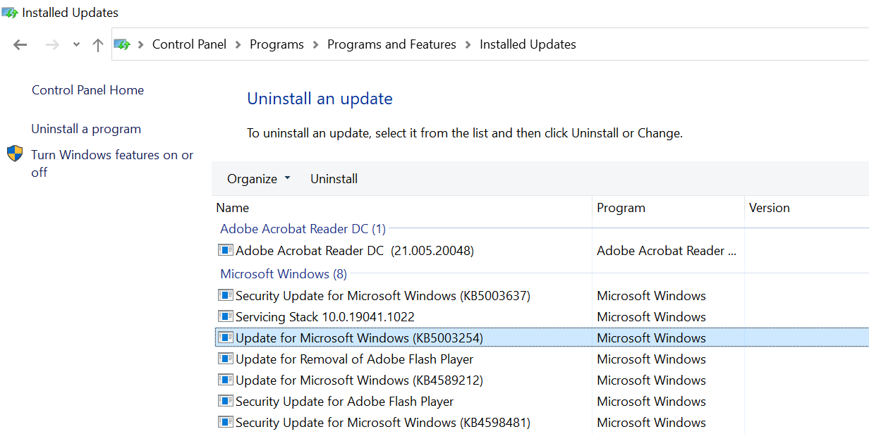 Désinstaller les mises à jour de Windows 10