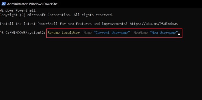 Changer le nom du compte Windows Powershell