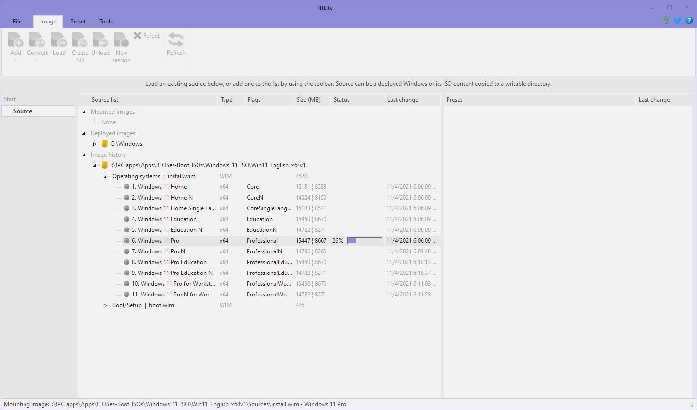 NTLite Chargement de la version Windows sélectionnée