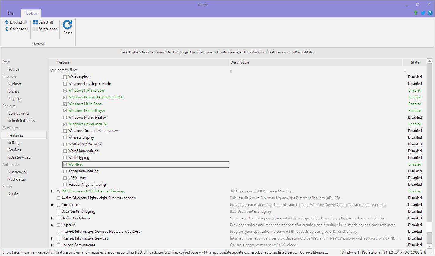 Fonctionnalités de configuration NTLite