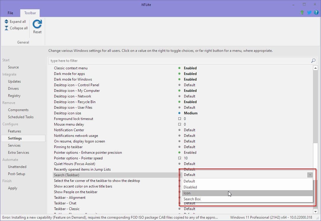 Paramètres de configuration NTLite