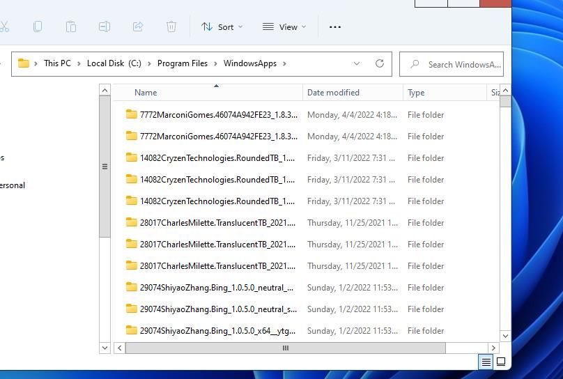 Le sous-dossier WindowsApps