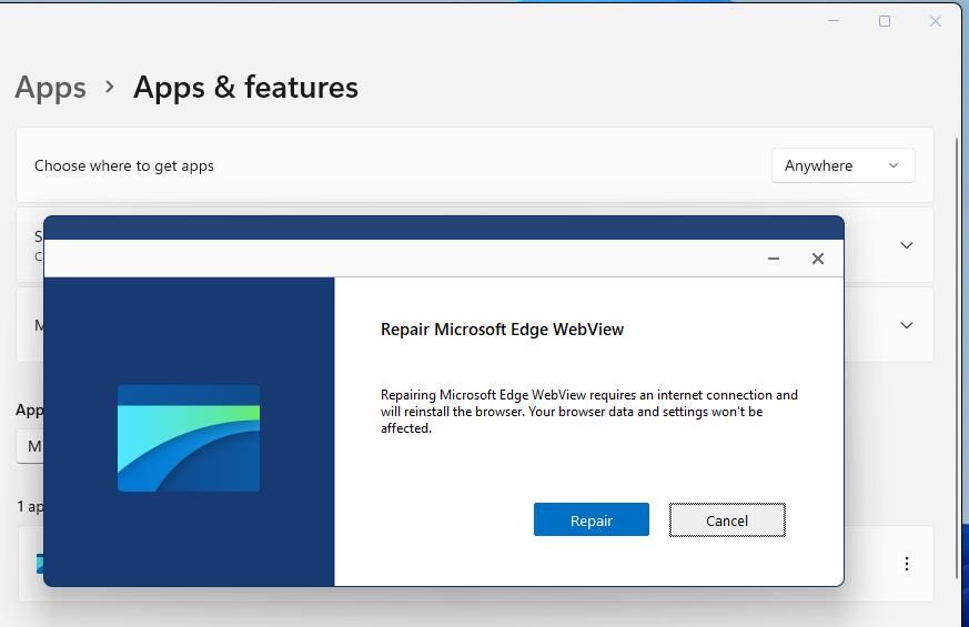 Le bouton Réparer pour Edge WebView