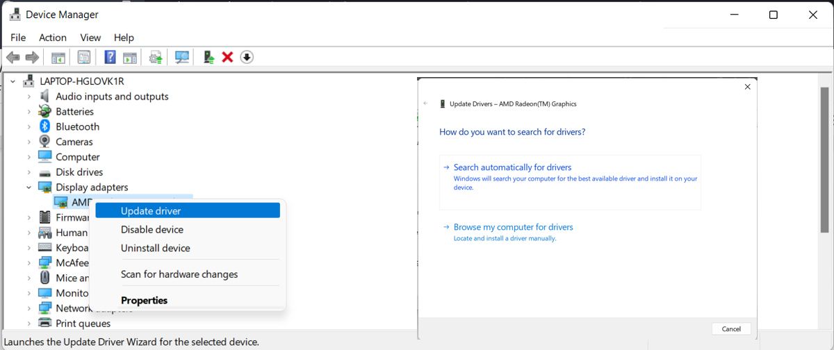 Mise à jour du pilote graphique dans Windows 11