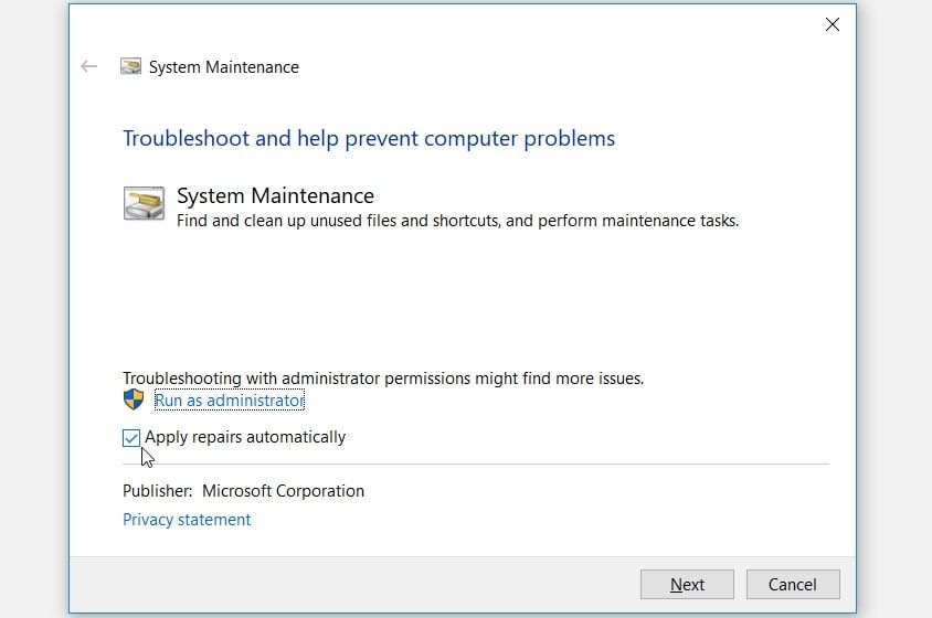 Exécution de l'utilitaire de résolution des problèmes de maintenance du système sous Windows