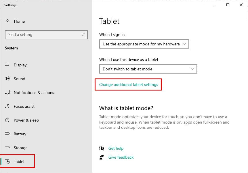 Menu Tablette dans les paramètres Windows