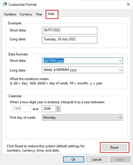 Réinitialiser le format de date