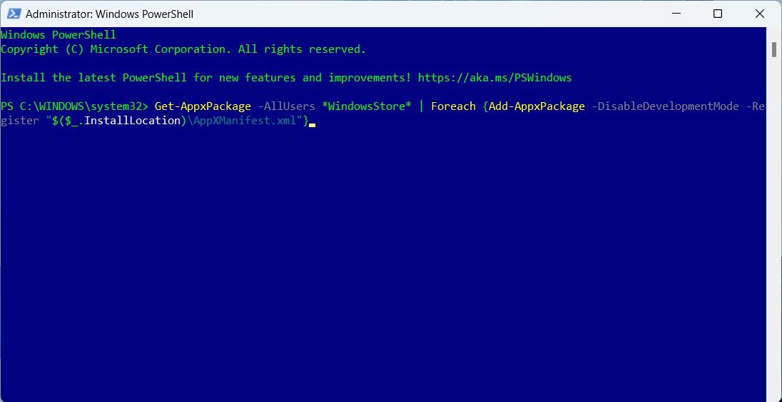 Une commande pour réenregistrer Microsoft Store via PowerShell