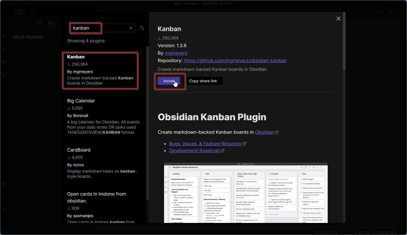 Plugins de la communauté Obsidian Installer Kanban