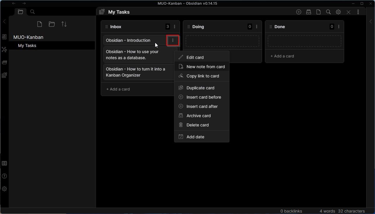 Options de carte Kanban Obsidian