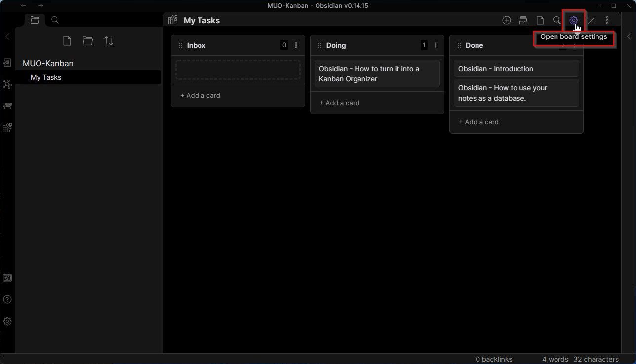 Paramètres du tableau Obsidian Kanban