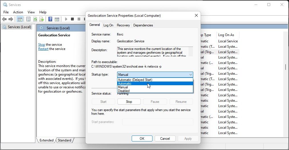 services de géolocalisation services windows type de démarrage automatique