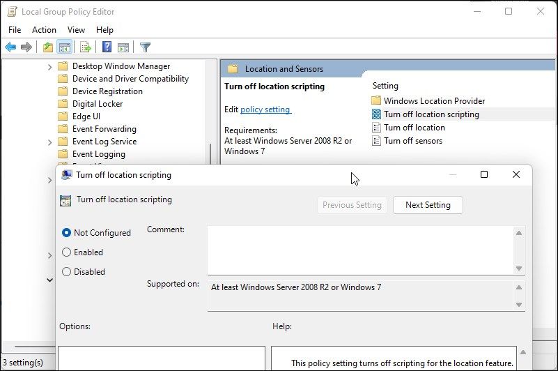 l'emplacement gpedit local et les capteurs désactivent les scripts d'emplacement non configurés